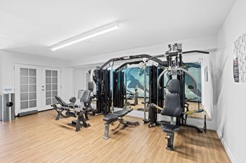 A gym with a variety of equipment including a treadmill, weights, and a bench press at Delphine on Diamond, San Francisco, California